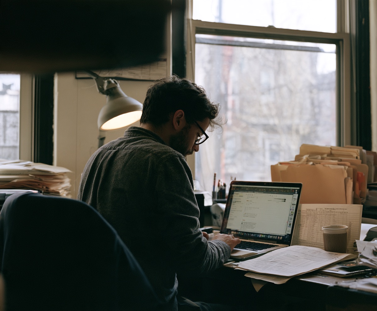 The data and grants coordinator at a desk with a laptop, folders, and a printed spreadsheet