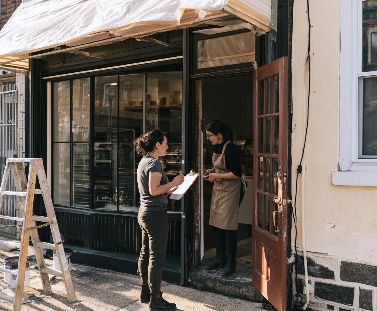A business liaison with a clipboard talking with a bakery owner in the doorway of her corridor storefront, a new awning half installed above them