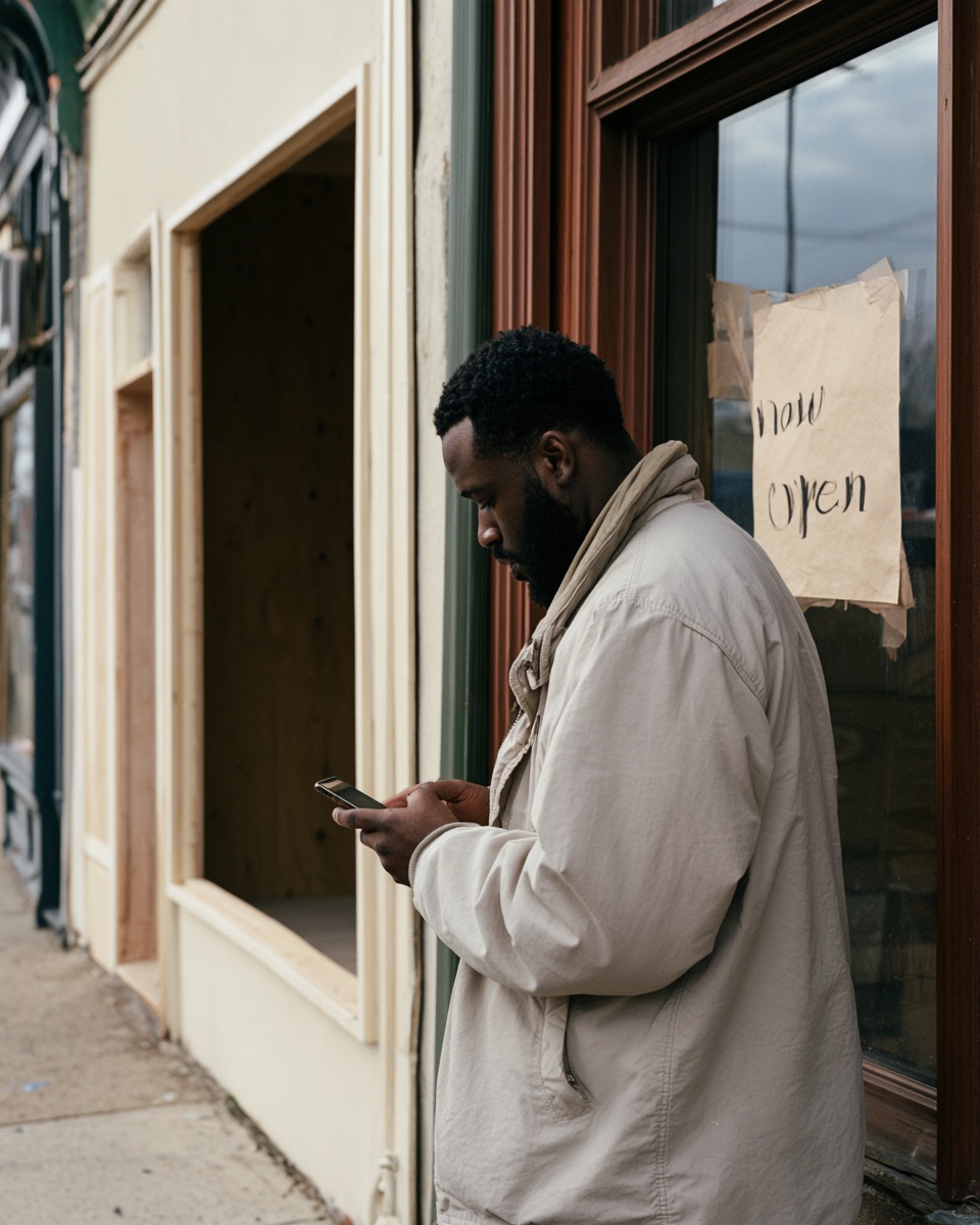 A business liaison on the corridor sidewalk beside a newly opened storefront, checking his phone