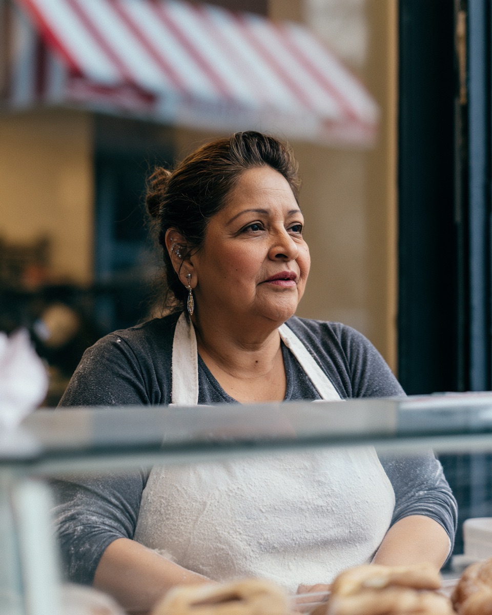 A bakery owner in an apron behind her counter, looking off toward the street