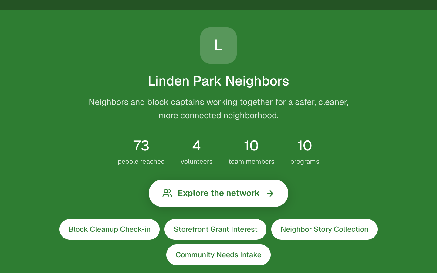 Public Mission Profile page for a neighborhood organization, with programs, finances, and public form links